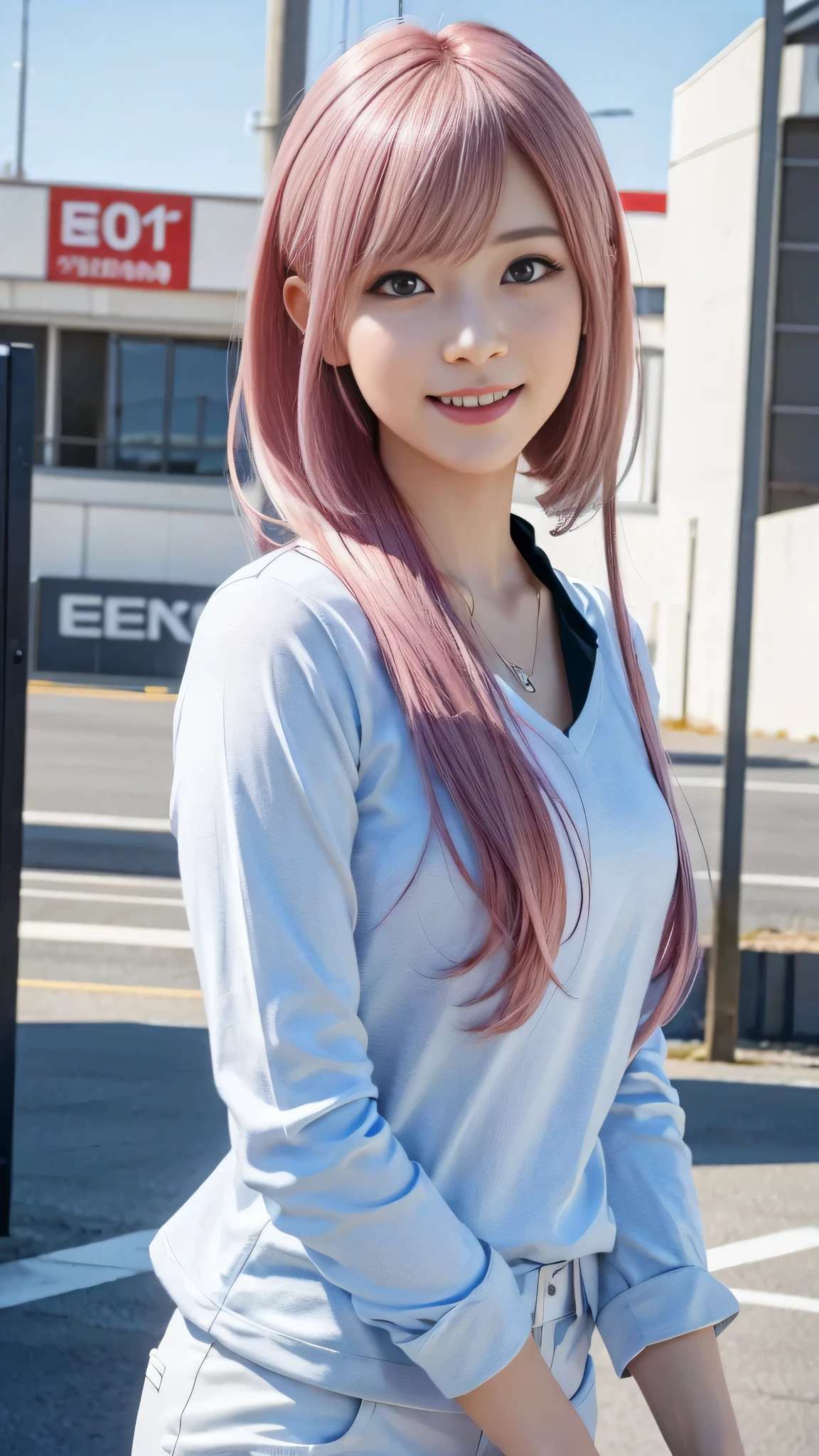 A woman with pink hair and a race queen outfit, Anime realism style, Unreal 5. RPG Portrait, cgsociety portrait, Realistic art style, Smooth anime CG art, Photorealistic Anime Girl Rendering, Realistic anime 3D style, Loss Draw 1. 0, Realistic 3D animation, ArtJam ; 3d unreal engine, Realistic anime art style,The background is suburban,The best smile、Salute pose