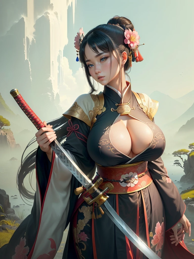 arafed image of a woman in a kimono with a sword, inspired by Li Mei-shu, she is holding a katana sword, inspired by Cao Zhibai, inspired by Ju Lian, inspired by Guan Daosheng, inspired by Wu Zuoren, inspired by Zhao Yuan, inspired by Zhao Mengfu, beautiful character painting, Highly detailed CG unit 8k wallpaper, masterpiece, High resolution, highest quality, highest quality real texture skin, Super Real, Digital Painting, Best image quality, 最High resolution, 8k, ((Highly detailed eyes and face, Beautiful eyes every detail)), Big Breasts, Cleavage, profile, dark persona, (((Saggy breasts, Gravity-dependent breasts, long chest, Heavy chest, ))), ((disproportionate breasts, huge breasts, sagging breasts, gigantic breasts, erect nipple,)),