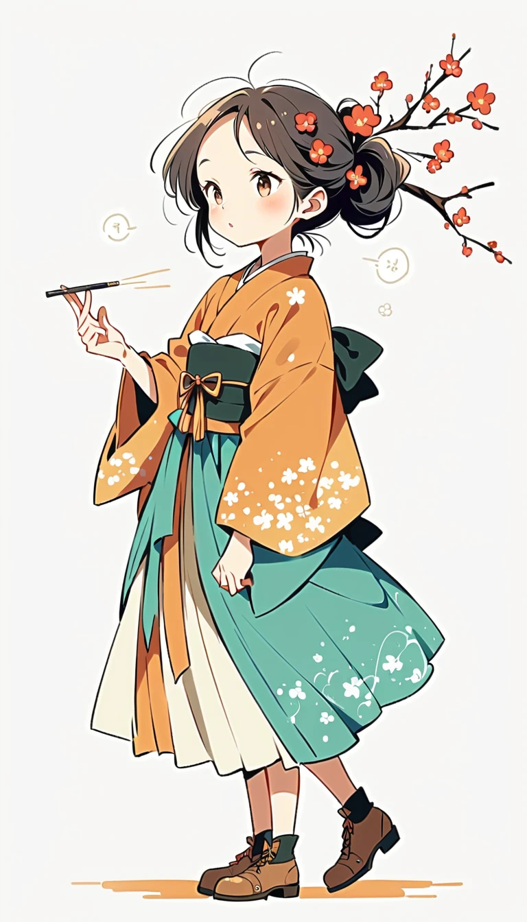 white background, Fujichoco style, kimono, (((The Most Beautiful Girl))), gray hair, ((plum tree)), simple background, Simple line initialism, full body,