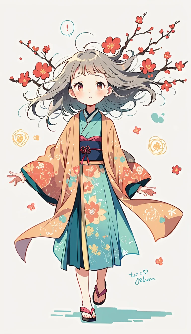 white background, Fujichoco style, kimono, (((The Most Beautiful Girl))),  gray hair, ((plum tree)), simple background, Simple line initialism, full body, 