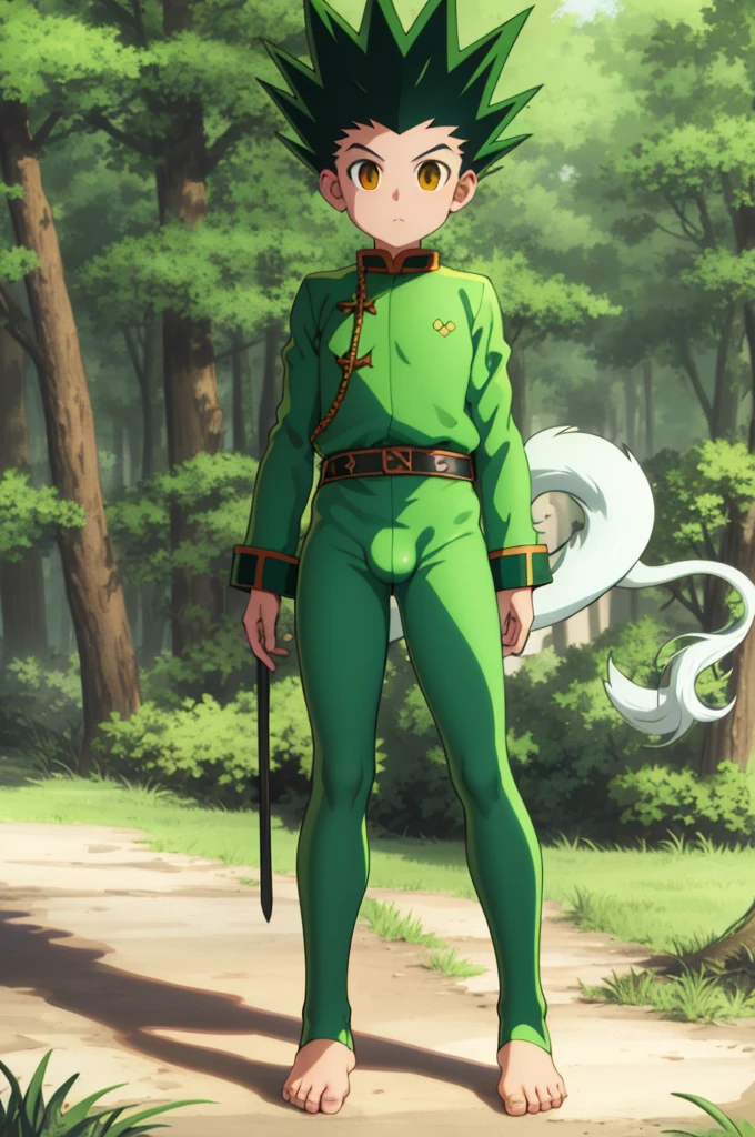first work, Better Quality, high quality, One boy, alone, Male focus, Watching the audience, NUDE, Gon_Free CSS, Green Hair, Spiked Hair, Yellow Eyes, Animals and forest background,