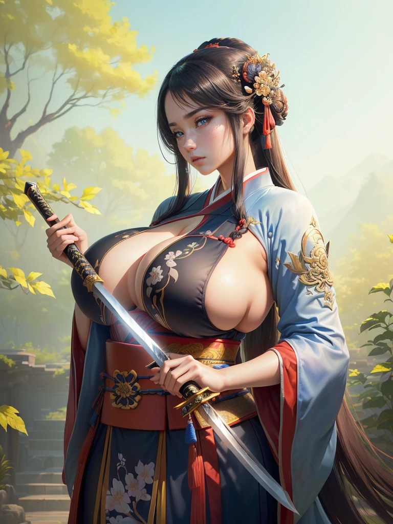 arafed image of a woman in a kimono with a sword, inspired by Li Mei-shu, she is holding a katana sword, inspired by Cao Zhibai, inspired by Ju Lian, inspired by Guan Daosheng, inspired by Wu Zuoren, inspired by Zhao Yuan, inspired by Zhao Mengfu, beautiful character painting, Highly detailed CG unit 8k wallpaper, masterpiece, High resolution, highest quality, highest quality real texture skin, Super Real, Digital Painting, Best image quality, 最High resolution, 8k, ((Highly detailed eyes and face, Beautiful eyes every detail)), Big Breasts, Cleavage, profile, dark persona, (((Saggy breasts, Gravity-dependent breasts, long chest, Heavy chest, ))), ((disproportionate breasts, huge breasts, sagging breasts, gigantic breasts, erect nipple,)), 