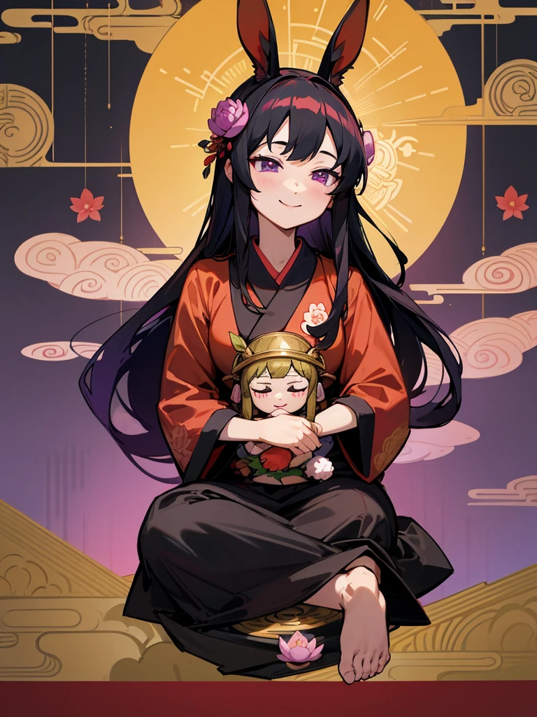 Kannon Bodhisattva, rabbit ears, Black long hair, Red Japanese pattern dress, Halation, Banquet, lotus flower field, purple eyes, smile, Japanese flag
, lotus bouquet, paradise, Rose hair ornament.Gold Screen Chibi Maruko-chan