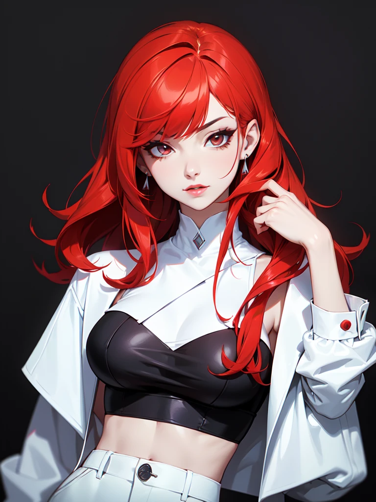 (((Portrait Photo))), She She has a Confident and Stylish Appearance with Fiery Red Hair, featuring a Slim and Fit Build with a Fashionable Attitude. She has Sharp, Alluring Eyes, and Expresses a Bold and Playful Look, Giving Off a Sophisticated and Seductive Attitude. Her Hair is Medium-Length and Sleek, Fiery Red with Blonde Tips, with Bangs Falling Over Her Forehead. She Wears a White, Cropped High-Fashion Top Paired with Casual, White Drawstring Pants. (((High Quality, Dark Background))), (((Portrait Photo)))