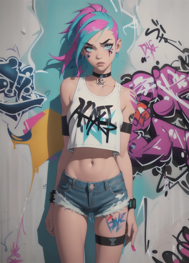 masterpiece, best quality, 1girl, solo, crop top, denim shorts, choker, (graffiti:1.5), paint splatter, arms behind back, against wall, looking at viewer, armband, thigh strap, paint on body, head tilt, bored, multicolored hair, aqua eyes, headset,