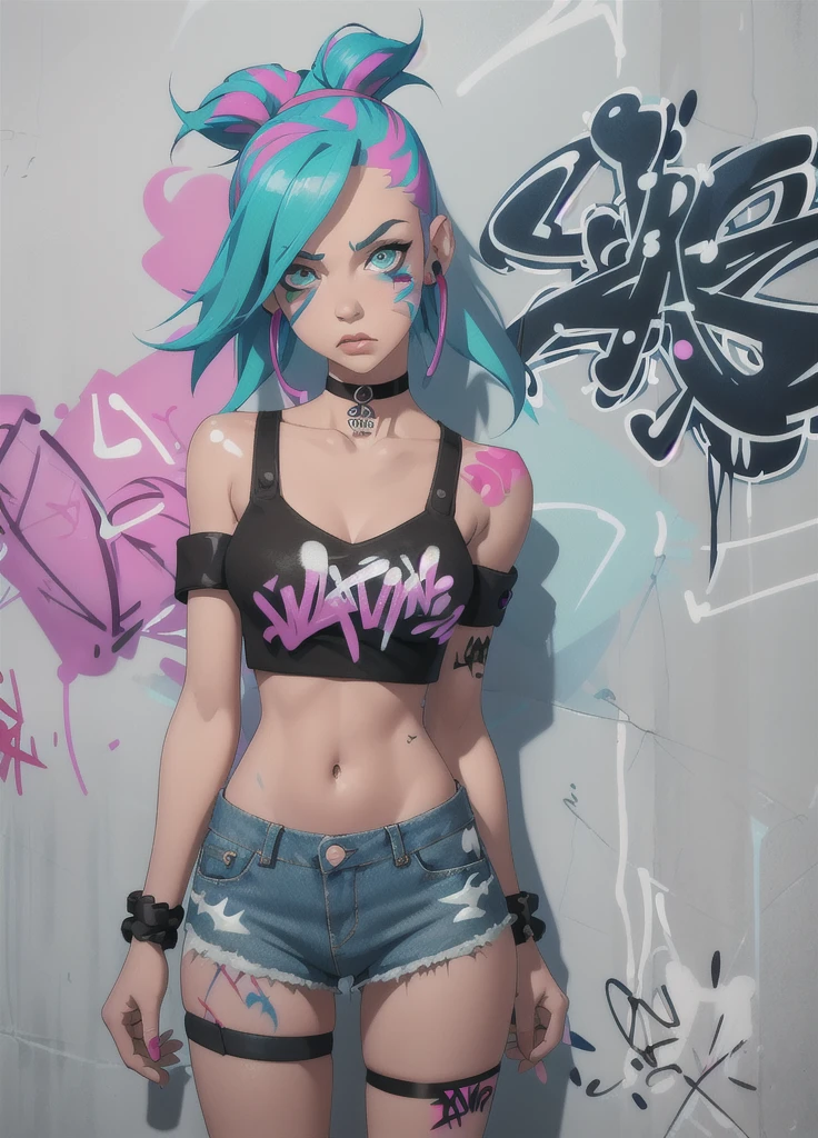 masterpiece, best quality, 1girl, solo, crop top, denim shorts, choker, (graffiti:1.5), paint splatter, arms behind back, against wall, looking at viewer, armband, thigh strap, paint on body, head tilt, bored, multicolored hair, aqua eyes, headset,