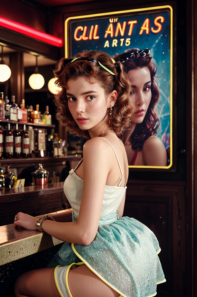 women dressed in 1950s-inspired dress, perfectly detailed beautiful face, half body, make-up, a full skirt and petticoat, hair styled in classic pin curls, seated at an old-fashioned diner, surrounded by vintage details, bar counter, dinamyc pose, neon signs, film grain, dramatic lighting, bright vivid gradient colors, nostalgic background, soft focus, moviestar, detailed, movie-inspired scene, cinema lights, looking at viewer, vintage fashion photography, modern, award - winning photograph, masterpiece, intricate details, 8k texture, rich texture details, extremely detailed, ultra high quality model, trending on artstation, trending on 500px, ray tracing, hdr, global illumination