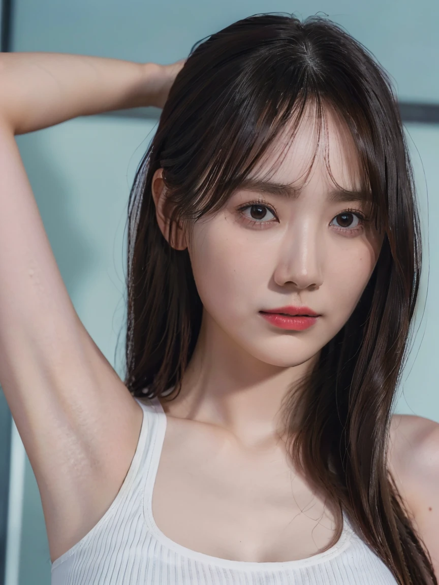 (best quality:1.4), (ultra highres:1.2), (photorealistic:1.4), (16k, RAW photo:1.2),(portrait shot:1.3), bmangpor, 1girl, solo, long hair, brown hair, upper body, white smooth armpits, one arm up, knit tank top, small breast,see through,nipple