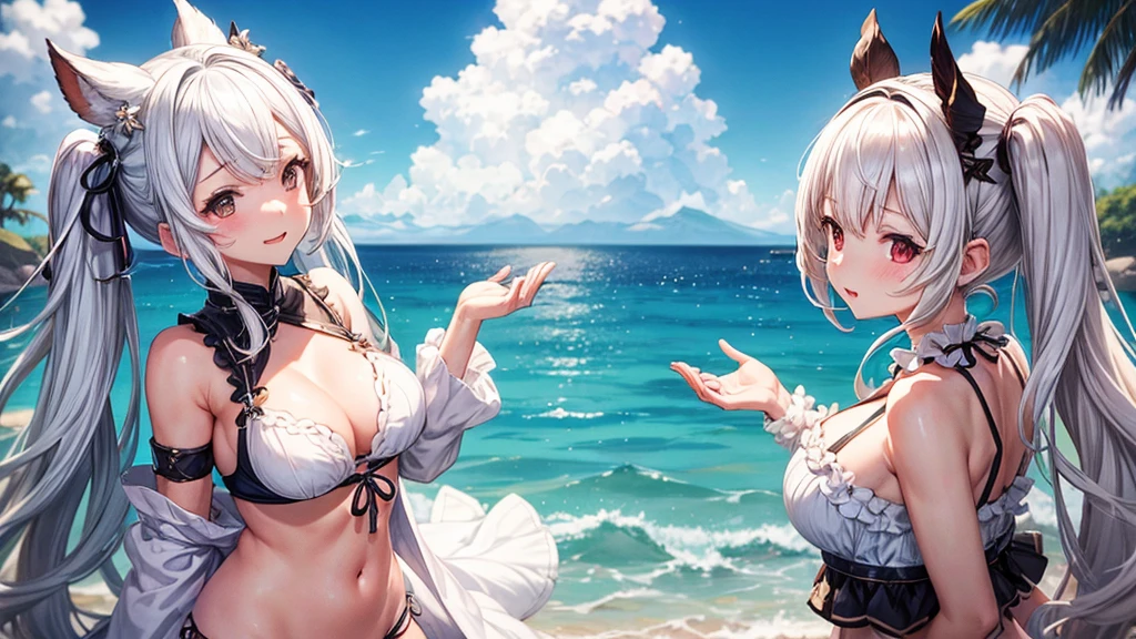 {{masterpiece}}, best quality, extremely detailed CG unity 8k wallpaper, cinematic lighting, lens flare, beautiful detail eyes, black,  side glance,  multicolor short white hair, colorful light, particles, heterochromia, (colorful:1.5), (colorful hair:1.5), show body goal, beach view,  swimsuit,