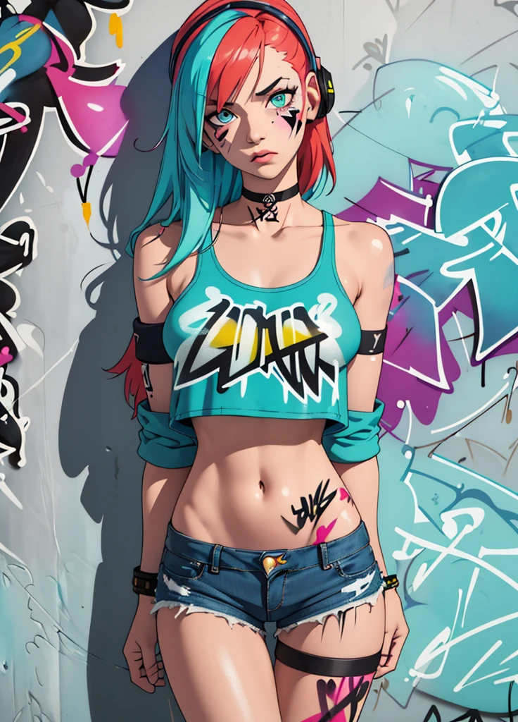 masterpiece, best quality, 1girl, solo, crop top, denim shorts, choker, (graffiti:1.5), paint splatter, arms behind back, against wall, looking at viewer, armband, thigh strap, paint on body, head tilt, bored, multicolored hair, aqua eyes, headset,