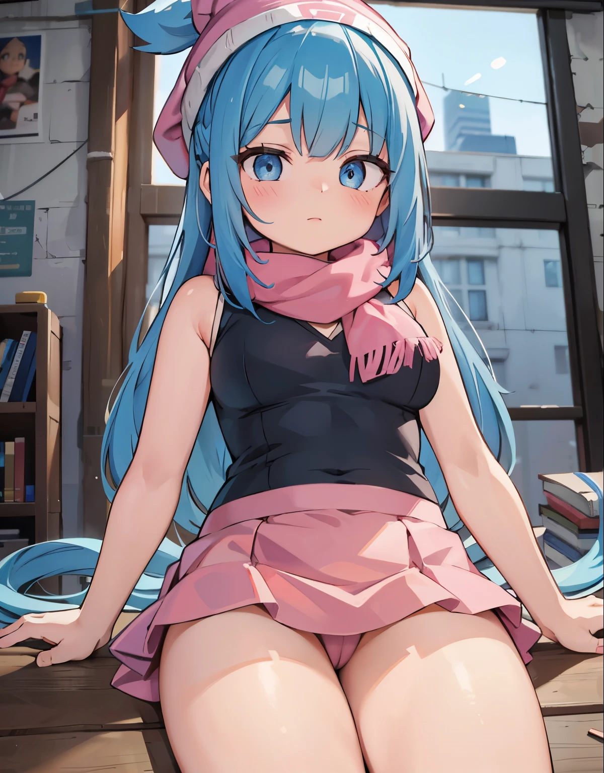 (best quality,4k,8k,highres,masterpiece:1.2), ultra-detailed, realistic:1.37, HDR, studio lighting, vivid colors, bokeh, an unconscious girl face down inside an abandoned warehouse, \(pokemon\), beanie, long hair, blue hair, blue eyes, detailed eyes, beautiful eyes, black sleeveless shirt, pink scarf, pink skirt, body shape, chubby thighs,women&#39;s bag and women&#39;s accessories on the floor, View from above