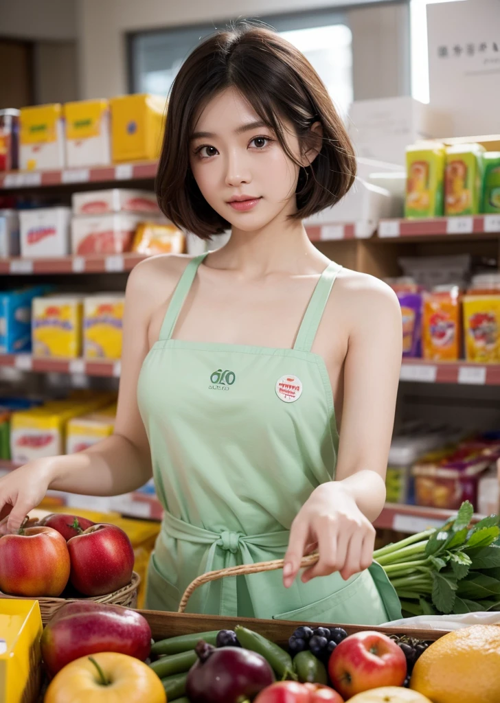 Diffuse lighting、 Highest quality, High resolution, unity 8k wallpaper、Supersaturation, Japanese、1 female、23age、(masterpiece), Highest quality, Highest quality, Detailed and complex, whole body, High resolution, (16age),Very detailed_eye, Sexy Breasts, (eyeliner:0.5),(blush:0.5), Detailed skin, Displaying the viewer, A light smile, Supermarket clerk、surrounded by lots of vegetables and fruits、Put on an apron and a sling、I work at a supermarket、 (Zhou Haoguang:1),(Structure of the film:1.3), (Highest quality, High resolution, Realistic, original, 8k,masterpiece, ),Highest quality, masterpiece8k.High resolution. High Rib:1.2, Film Grain, Blurred Bokeh:1.2, Lens flare, (Bright colors:1.2), (delicate),
