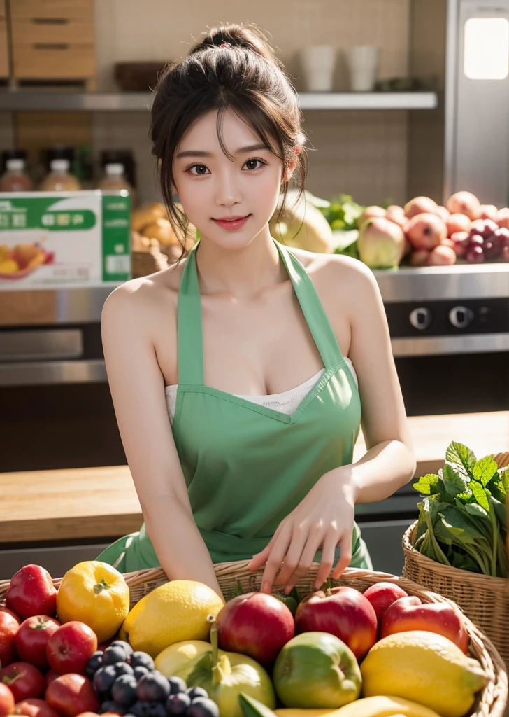 Diffuse lighting、 Highest quality, High resolution, unity 8k wallpaper、Supersaturation, Japanese、1 female、23age、(masterpiece), Highest quality, Highest quality, Detailed and complex, whole body, High resolution, (16age),Very detailed_eye, Sexy Breasts, (eyeliner:0.5),(blush:0.5), Detailed skin, Displaying the viewer, A light smile, Supermarket clerk、surrounded by lots of vegetables and fruits、Put on an apron and a sling、I work at a supermarket、 (Zhou Haoguang:1),(Structure of the film:1.3), (Highest quality, High resolution, Realistic, original, 8k,masterpiece, ),Highest quality, masterpiece8k.High resolution. High Rib:1.2, Film Grain, Blurred Bokeh:1.2, Lens flare, (Bright colors:1.2), (delicate),
