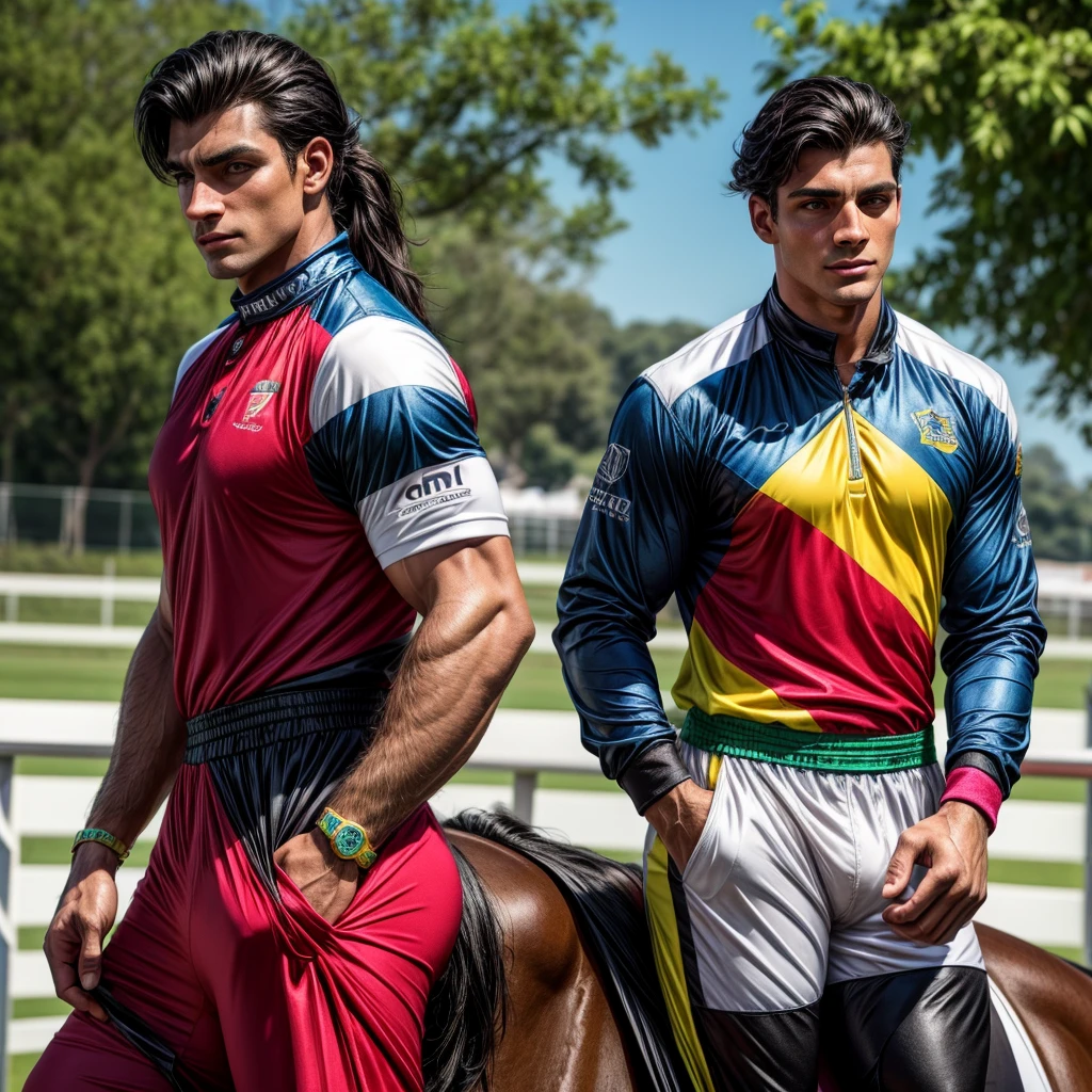 Create a muscular, attractive, black hair with somewhat dark skin, a racing silks outfit with bright and colorful colors inspired by polo men. Black horse in the background
