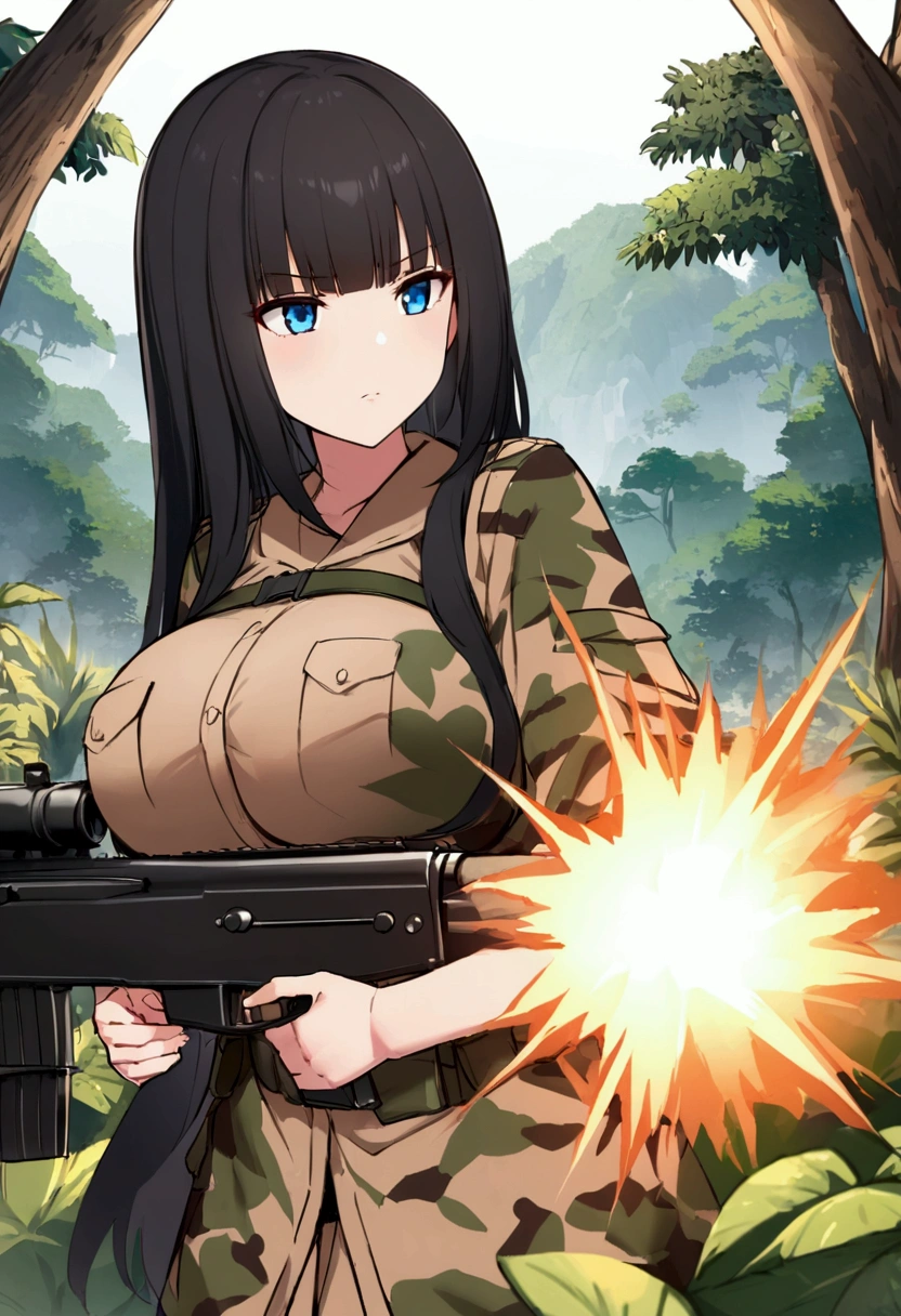 Hime cut with long black hair、Has straight bangs and blue eyes、A girl with big breasts wears camouflage in the jungle。She carries an M4 carbine rifle、Taking a firing stance。The background features a lush jungle landscape.。No dialogue