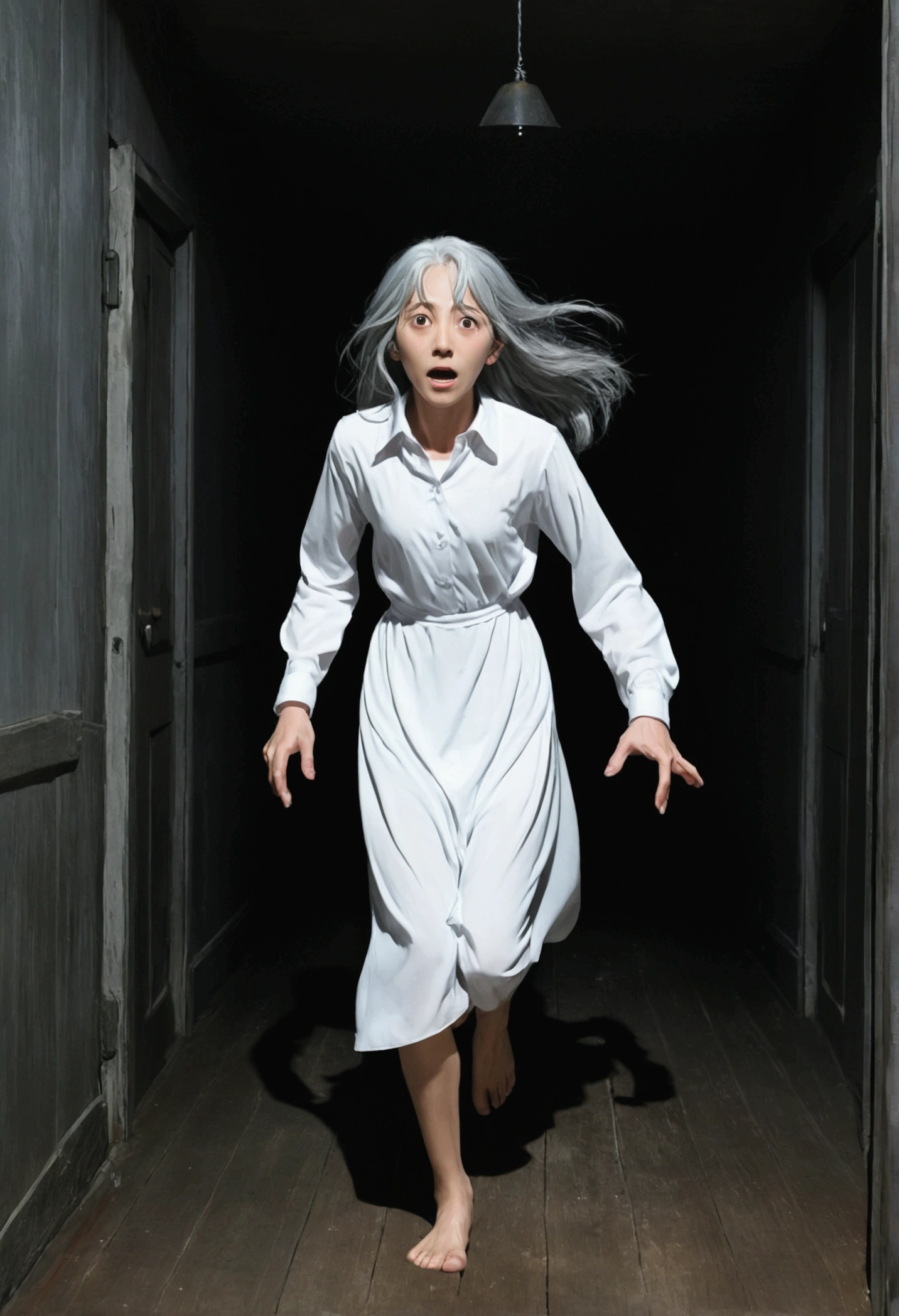 anime, Gray Hair, Long Hair, grey、silver、White eyes, barefoot, White shirt, Simple gown, Haunted House Terror, , , , body, horror film, :<, Scared, Running with the cruellest monster on his back