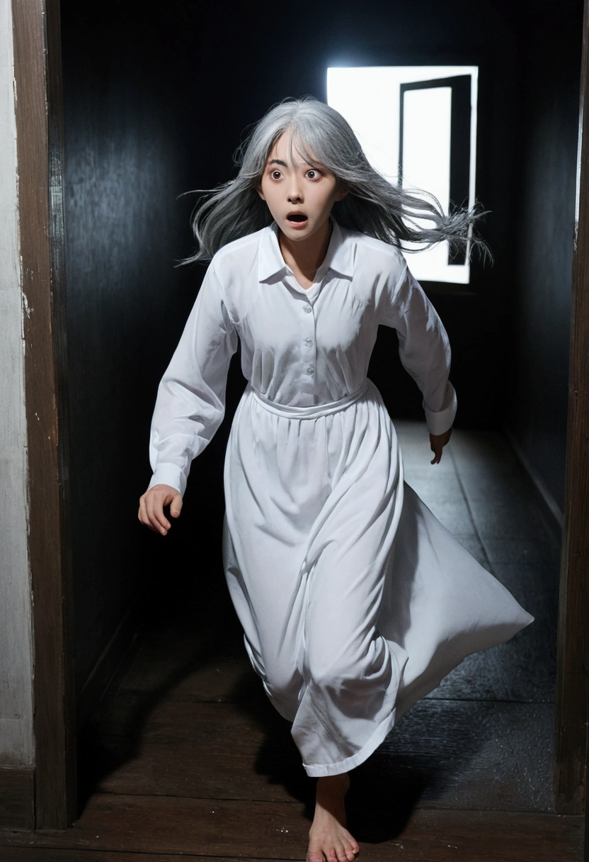 anime, Gray Hair, Long Hair, grey、silver、White eyes, barefoot, White shirt, Simple gown, Haunted House Terror, , , , body, horror film, :<, Scared, Running with the cruellest monster on his back