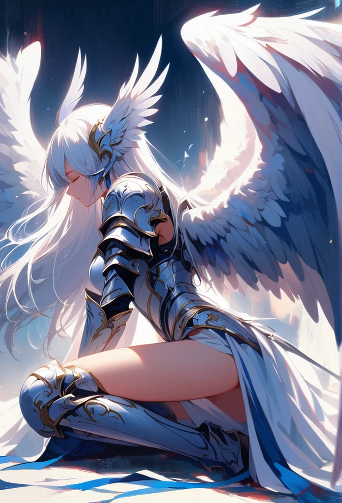 1girl angel angel_wings armor feathers_Long wing feathers_Hair Shoulder Armor Shoulder_Armor single piece_Upper wing separation_The body is white_Theme blue_Wings Wings