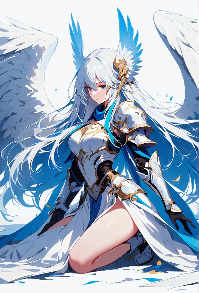 1girl angel angel_wings armor feathers_Long wing feathers_Hair Shoulder Armor Shoulder_Armor single piece_Upper wing separation_The body is white_Theme blue_Wings Wings