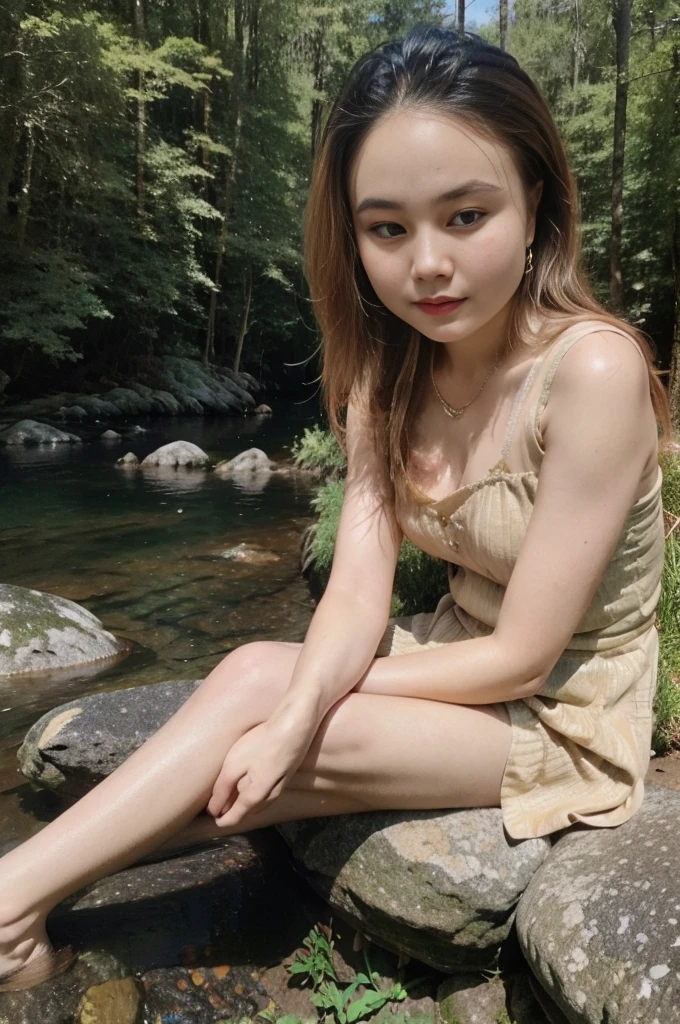 cute girl, brown hair, (full body), wearing medieval long cotton nightie clothes, sitting on a rock, feet in the water, Drenched hair, The background is a forest, sunset, (masterpiece, best quality, award winning, highres), skinny, intricate and beautiful design, highly detailed beautiful face, super detailed beautiful eyes, light smile, sitting near stream, forest, leaves flow, windy, sun lights through forest, fantasy art, dynamic lighting, cinematic lighting, hyper realistic, extremely CG detail, octane render, (artistic + masterpiece:1.4), (incredibly detailed eyes), (8k, Photorealistic, Photo RAW, Best quality: 1.4), (UHD), (Ultra high realism), (Ultra high definition), (Ultra high detail), (Realistic face), Beautiful hairstyle, Realistic bright amber eyes, Beautiful details, (Realistic skin), Pale, smooth and luminous skin with iridescent shine and no imperfections, Ultra high definition, Ultra realistic, Highly detailed, (Cleavage: 0.8)