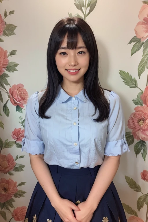 Medium display, Medium Shot, Written boundary depth, bust, Upper Body, Movie angle, masterpiece, Highest quality, Very detailed, CG, 8k wallpaper, Beautiful Face, Delicate eyes, Otome, alone, smile, bangs, skirt, shirt, have, Cobalt blue dress with gold trim, Laugh mischievously、Floral Background