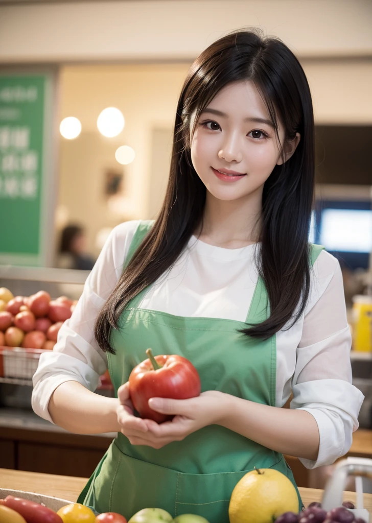 Diffuse lighting、 Highest quality, High resolution, unity 8k wallpaper、Supersaturation, Japanese、1 female、２３age、(masterpiece), Highest quality, Highest quality, Detailed and complex, whole body, High resolution, (16age),Very detailed_eye, Sexy Breasts, (eyeliner:0.5),(blush:0.5), Detailed skin, Displaying the viewer, A light smile, Supermarket clerk、surrounded by lots of vegetables and fruits、Holding a vegetable in your hand、Put on an apron and a sling、I work at a supermarket、 (Zhou Haoguang:1),(Structure of the film:1.3), (Highest quality, High resolution, Realistic, original, 8k,masterpiece, ),Highest quality, masterpiece8k.High resolution. High Rib:1.2, Film Grain, Blurred Bokeh:1.2, Lens flare, (Bright colors:1.2), (delicate),
