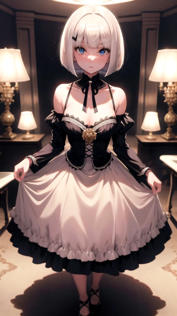 (((One girl))), blond hair, bob cut, breasts, from front, (cowboy shot), (looking at viewer), (((gothic ta:1.3))), loliairband short dress, bare legs, index finger to own mouth, arm at side, face in focus, teenagerad tilt:1.3, (((blue eye))), ((no mouth)), ((blush)), (()), anime style, (best quality, 4k, 8k, highres, masterpiece:1.2, ultra-detailed, ultra-detailed eyes, HDR, UHD, studio lighting, ultra-fine painting, sharp focus, physically-based rendering, extreme detail description, professional, vivid colors, bokeh)