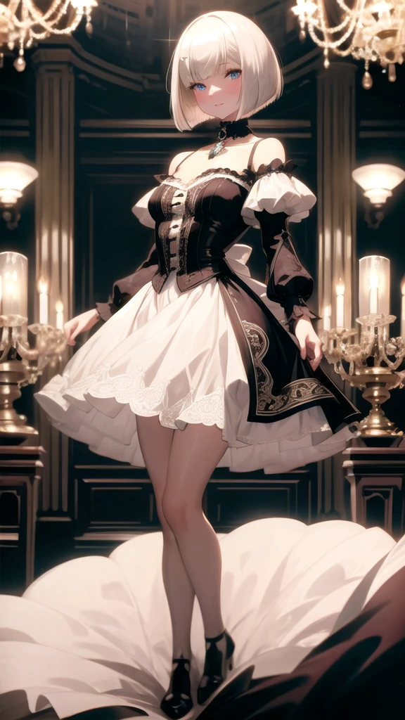 (8K, best quality, master piece: 1.2),super high resolution,1 girl, solo, full body ,ultra-detailed face, blush, platinum blonde hair, (bob cut:1.3), thin hair clip, cyan colorshift eyes, expressive eyes, collarbone, Ecstatic expression, Victorian gown, high collar, full skirt, She is standing in a grand ballroom with chandeliers and ornate decorations.