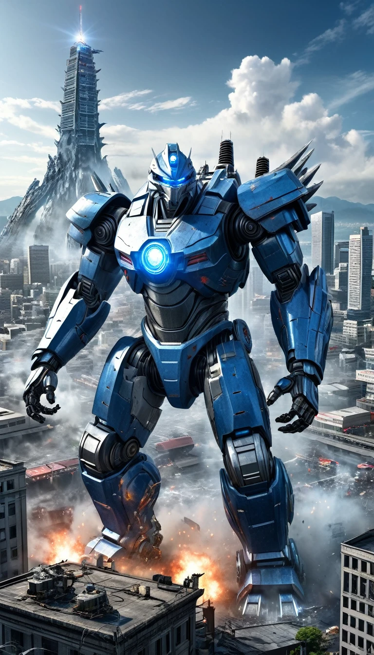 ((A Giant Robot)) VS Godzilla with a war torn city in the background, blue laser beams coming from godzillas eyes (best quality, masterpiece:1.2), ultra-detailed, (realistic, photo-realistic:1.37), highly detailed, intricate, elegant, graceful, minimal, clean, simple, photorealistic, digital art, 4k, 8k, highres