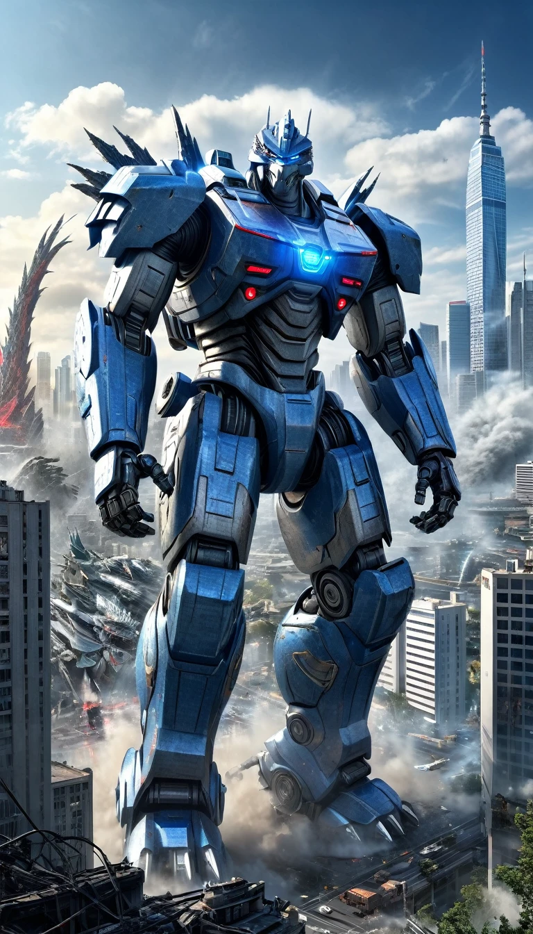 ((A Giant Robot)) VS Godzilla with a war torn city in the background, blue laser beams coming from godzillas eyes (best quality, masterpiece:1.2), ultra-detailed, (realistic, photo-realistic:1.37), highly detailed, intricate, elegant, graceful, minimal, clean, simple, photorealistic, digital art, 4k, 8k, highres