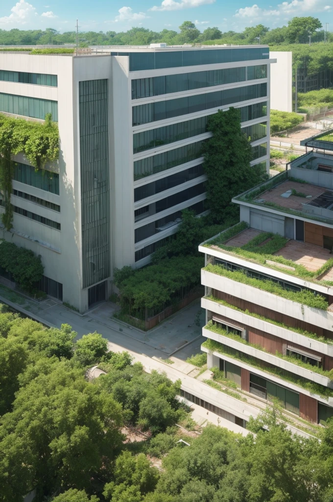 Unfinished hospital with vegetation growing everywhere in the cartoon line