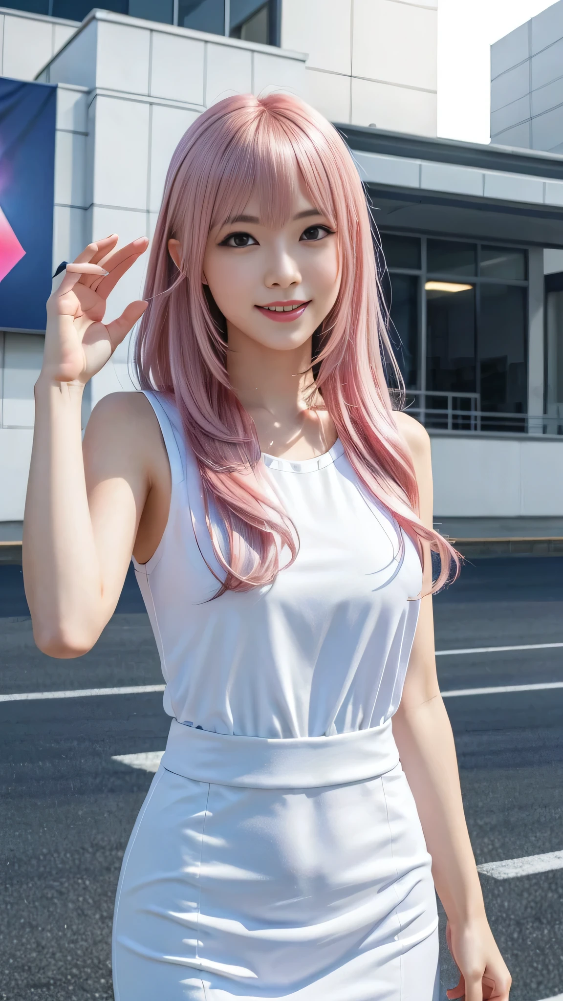 A woman with pink hair and a race queen outfit, Anime realism style, Unreal 5. RPG Portrait, cgsociety portrait, Realistic art style, Smooth anime CG art, Photorealistic Anime Girl Rendering, Realistic anime 3D style, Loss Draw 1. 0, Realistic 3D animation, ArtJam ; 3d unreal engine, Realistic anime art style,The background is suburban,The best smile、Salute pose