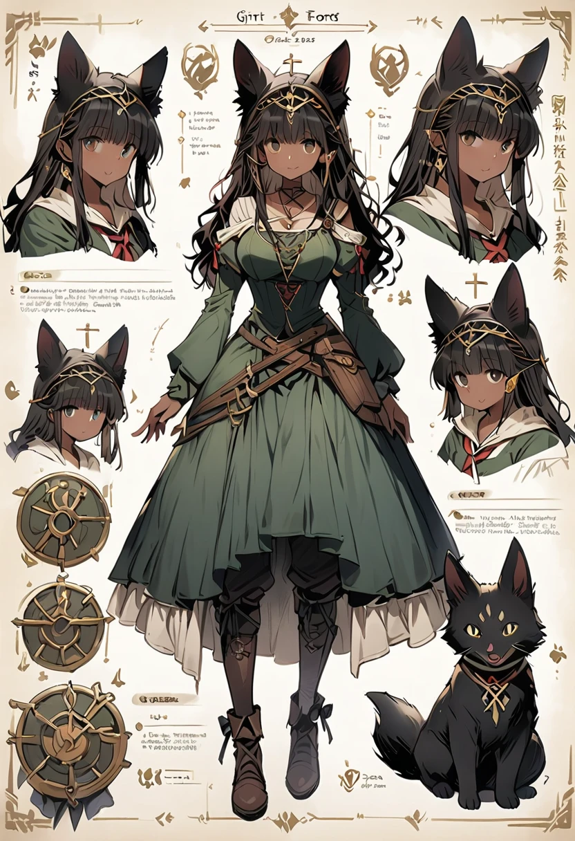 Framed Presentation of a dark green foxgirl, woman character design sheet, with detailed accessories, shoes, medieval equipament, swords, full body, perfect, ((masterpiece)), fox pet, spirit of the forest