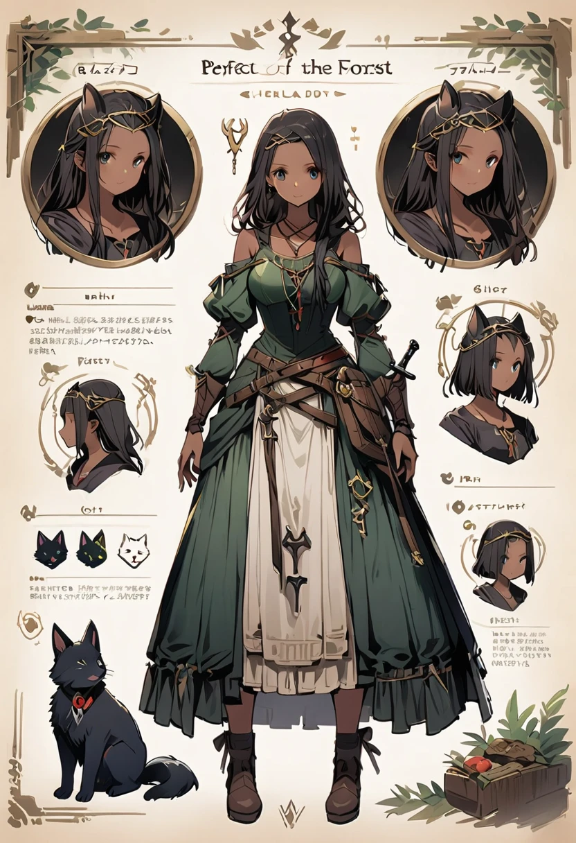 Framed Presentation of a dark green foxgirl, woman character design sheet, with detailed accessories, shoes, medieval equipament, swords, full body, perfect, ((masterpiece)), fox pet, spirit of the forest