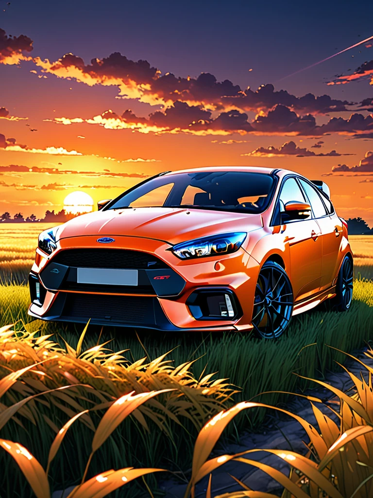 anime landscape of A pearl super laser orange metalic pearl color classic Ford Focus RS sport sits in a field of tall grass with a sunset in the background.beautiful anime scene, beautiful anime peace scene, Makoto Shinkai Cyril Rolando, beautiful anime scene, amazing wallpaper, anime art wallpaper 8k, anime background, artistic anime background, anime wallpaper 4k, anime art 4k wallpaper, anime wallpaper art 4k,