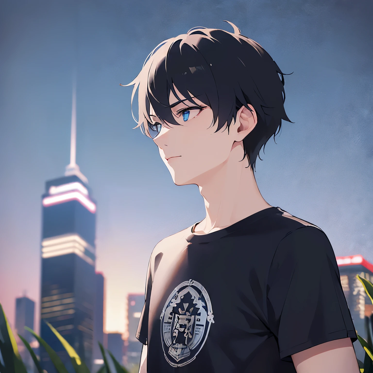 (25-year-old male:1.5) and (Black short hair) and (blue eyes) (black:1.5) and (T-Shirts:1.5),(looking away:1.5),upper body、shiny skin, masterpiece、Highest quality,serious、(Night Park:1.5)、（Night Sky：1.5）、(grass:1.3),(alone:1.5)