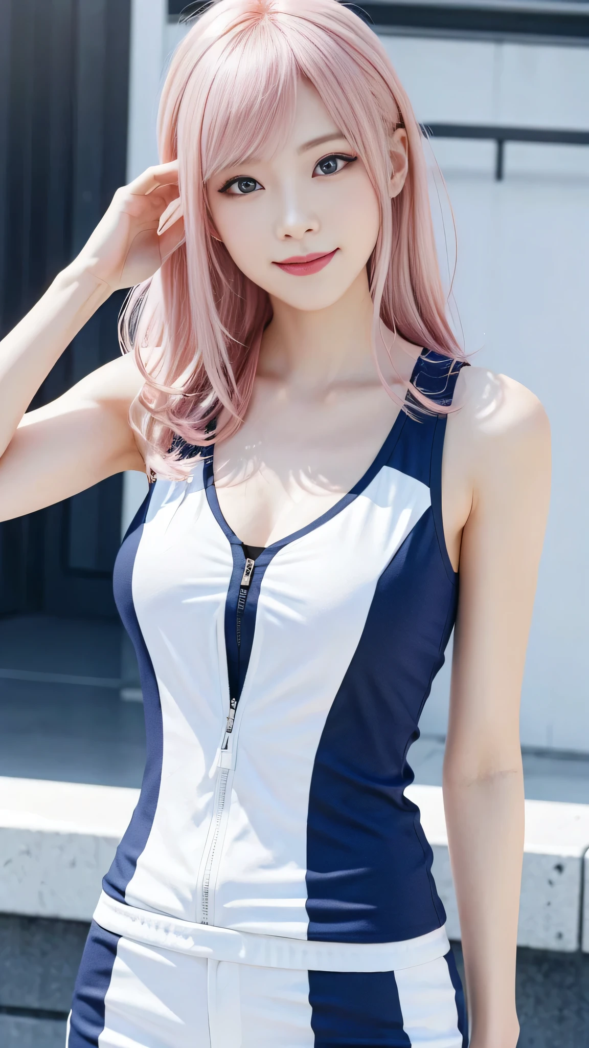 A woman with pink hair and a race queen outfit, Anime realism style, Unreal 5. RPG Portrait, cgsociety portrait, Realistic art style, Smooth anime CG art, Photorealistic Anime Girl Rendering, Realistic anime 3D style, Loss Draw 1. 0, Realistic 3D animation, ArtJam ; 3d unreal engine, Realistic anime art style,The background is suburban,The best smile、Salute pose