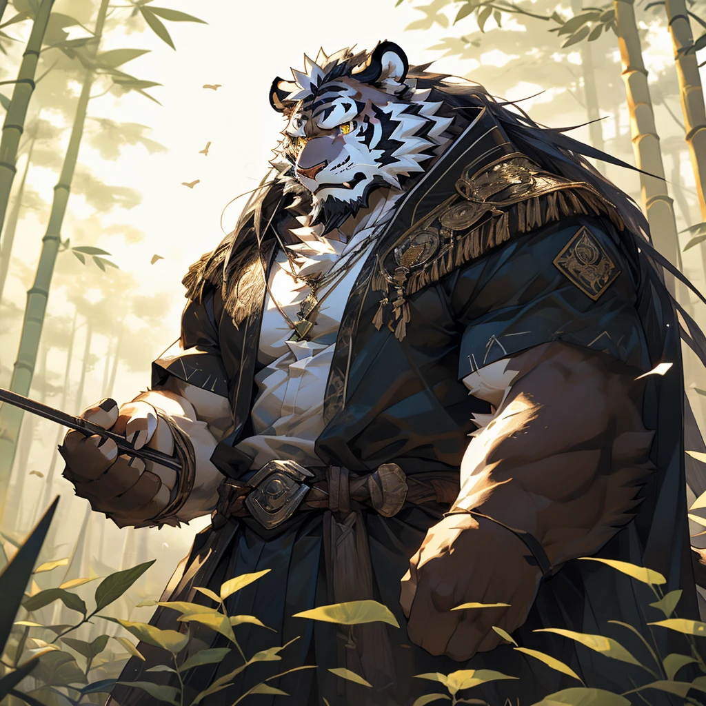 白色皮肤tiger),(黑白阴阳General战袍),Holding a long sword,坚Strong姿态,Stand calmly,(The background is a dark forest，Full of bamboo:1.2),abdominal muscles,Heroic Stance飒爽,完美的masterpiece,Various facial details,Perspective from a distance,specific description,masterpiece,CG,(Golden Eyes),Black and white pattern,Crimson Tail,General,Heroic Stance,tiger,Black and white fur,Specific facial details,Half Body,(黑白阴阳General战履),(Chang Ling),((middle aged)),(Face Focus),(16K),HD,Black and white belly，wilderness,beard,(Noodle),Different students,(Black and white yin and yang shirt),(Black and white hair),Strong,muscle,(high resolution:1.3),(Standing deep in the desolate bamboo forest),(close up),(Delicate face:1.5),Perfect details,(Half Body),(Facial details:1.5),(Zoom in on the face:1.5),(白色Noodle:1.2),(黑色beard:1.3),(white face;1.6),White body