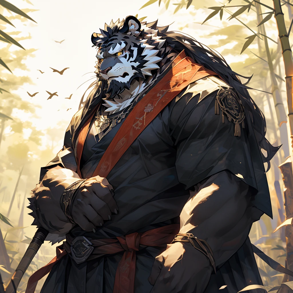 白色皮肤tiger),(黑白阴阳General战袍),Holding a long sword,坚Strong姿态,Stand calmly,(The background is a dark forest，Full of bamboo:1.2),abdominal muscles,Heroic Stance飒爽,完美的masterpiece,Various facial details,Perspective from a distance,specific description,masterpiece,CG,(Golden Eyes),Black and white pattern,Crimson Tail,General,Heroic Stance,tiger,Black and white fur,Specific facial details,Half Body,(黑白阴阳General战履),(Chang Ling),((middle aged)),(Face Focus),(16K),HD,Black and white belly，wilderness,beard,(Noodle),Different students,(Black and white yin and yang shirt),(Black and white hair),Strong,muscle,(high resolution:1.3),(Standing deep in the desolate bamboo forest),(close up),(Delicate face:1.5),Perfect details,(Half Body),(Facial details:1.5),(Zoom in on the face:1.5),(白色Noodle:1.2),(黑色beard:1.3),(white face;1.6),White body