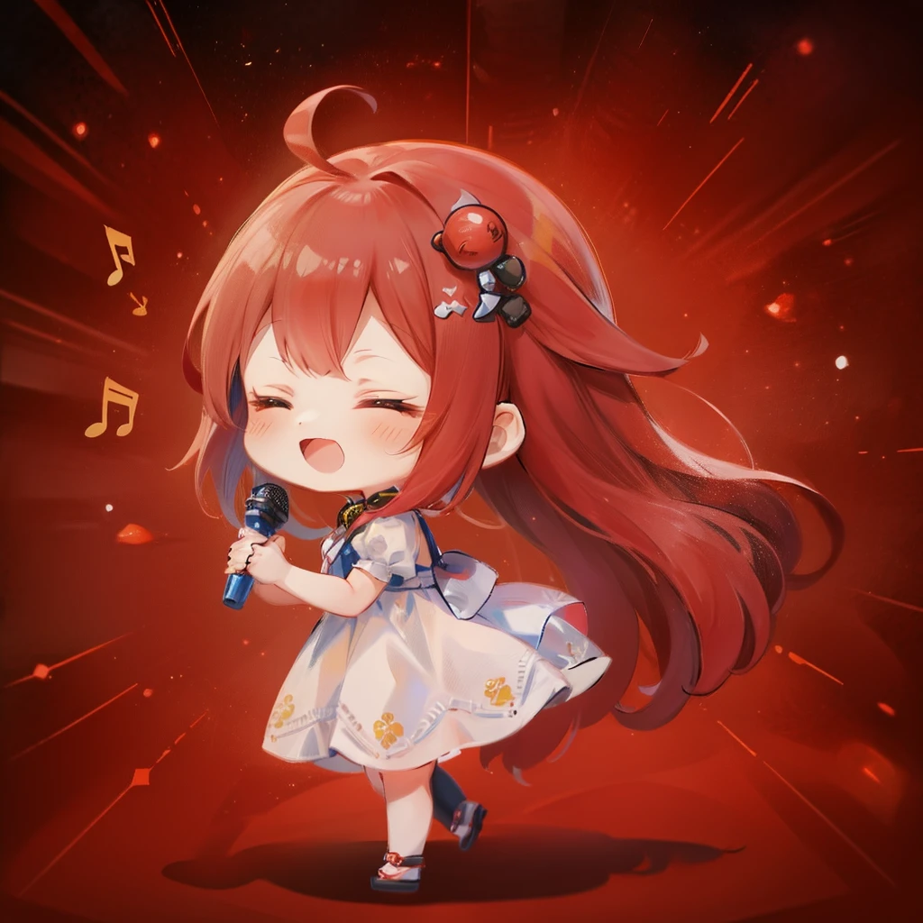 (((masutepiece))), Best Quality, Extremely detailed, Anime, (White Dress:1.2), BREAK, (long red hair:1.3), (Singing:1.3), (Hold the microphone), (From Side), (((girl with))), (((Solo))), Happy, gold eyes, Full body, Ahoge, (((Deformed))), (((Chibi Character))), (Space background:1.3), (Milky Way background:1.3), (Note Pattern) Baby holding hands, newborn,