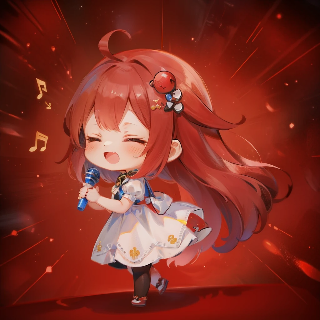 (((masutepiece))), Best Quality, Extremely detailed, Anime, (White Dress:1.2), BREAK, (long red hair:1.3), (Singing:1.3), (Hold the microphone), (From Side), (((girl with))), (((Solo))), Happy, gold eyes, Full body, Ahoge, (((Deformed))), (((Chibi Character))), (Space background:1.3), (Milky Way background:1.3), (Note Pattern)  holding hands, newb