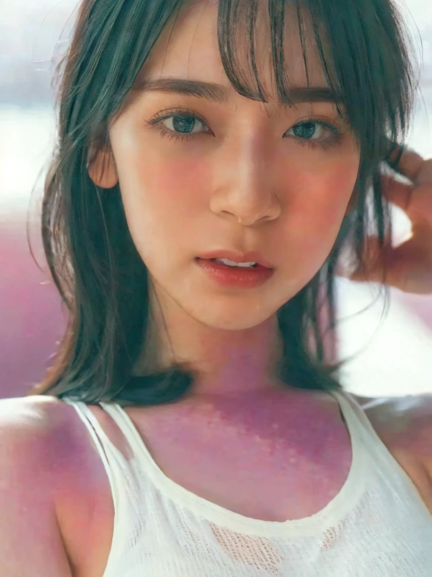 (best quality:1.4), (ultra highres:1.2), (photorealistic:1.4), (16k, RAW photo:1.2),(portrait shot:1.3), bmangpor, 1girl, solo, long hair, brown hair, upper body, white smooth armpits, one arm up, knit tank top, small breast,see through,nipple