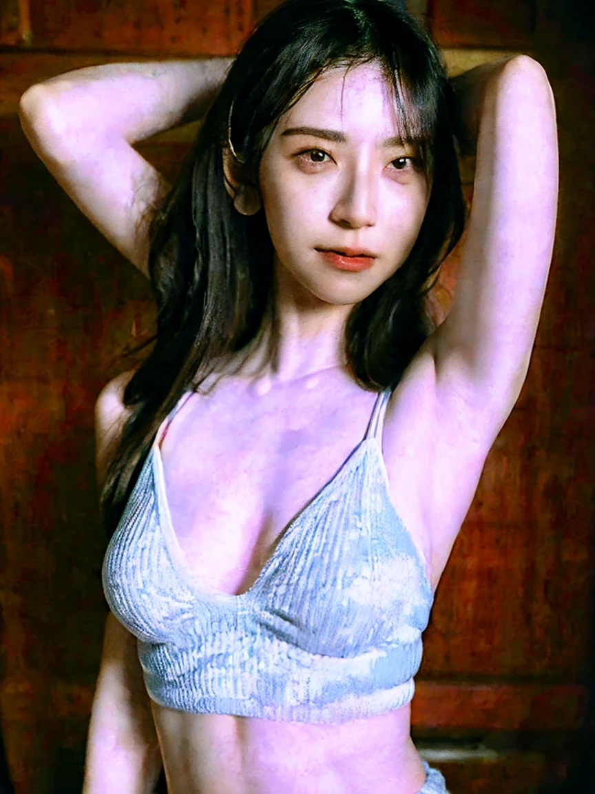 one person,short hair－,brown hair,sad expression,sleep on your back on the bed,raise both arms,Super realistic,High definition,8K,perfect body,beautiful skin,Subjective,looking at me,open your mouth wide,sexy underwear,during sex,Upper body close-up