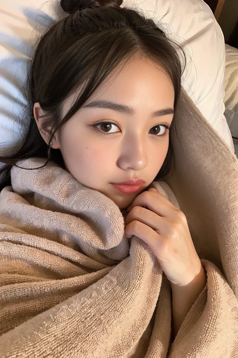 Dark brown hair、Light brown eyes、Japanese actress、 Lady、I am about 40 years old..........、(Intricate details:1.2)、(Which is the top??????????:1.4)、 (Ultra-high resolution:1.2)、Ultra-high resolution、(fine adjustment)、(Detailed facial features)、Hmph、8k resolution、D cup size breasts、Long Hair、Bedroom、disease、ベッドでdisease、Place a towel on your forehead to cool it down、Lying in bed、Please cover yourself with a blanket..、Full body photo、Wide-angle、Top view、Put your head on the pillow、