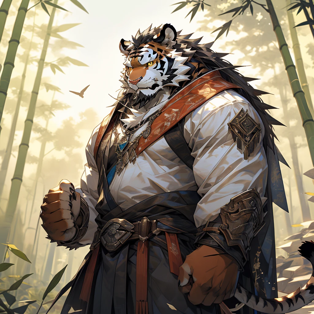 白色皮肤tiger),(黑白阴阳General战袍),Holding a long sword,坚Strong姿态,Stand calmly,(The background is a dark forest，Full of bamboo:1.2),abdominal muscles,Heroic Stance飒爽,完美的masterpiece,Various facial details,Perspective from a distance,specific description,masterpiece,CG,(Golden Eyes),Black and white pattern,Crimson Tail,General,Heroic Stance,tiger,Black and white fur,Specific facial details,Half Body,(黑白阴阳General战履),(Chang Ling),((middle aged)),(Face Focus),(16K),HD,Black and white belly，wilderness,beard,(Noodle),Different students,(Black and white yin and yang shirt),(Black and white hair),Strong,muscle,(high resolution:1.3),(Standing deep in the desolate bamboo forest),(close up),(Delicate face:1.5),Perfect details,(Half Body),(Facial details:1.5),(Zoom in on the face:1.5),(白色Noodle:1.2),(黑色beard:1.3),(white face;1.6),White body