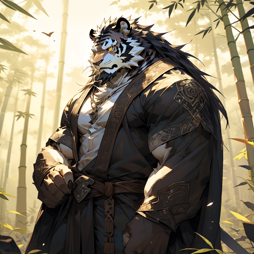 白色皮肤tiger),(黑白阴阳General战袍),Holding a long sword,坚Strong姿态,Stand calmly,(The background is a dark forest，Full of bamboo:1.2),abdominal muscles,Heroic Stance飒爽,完美的masterpiece,Various facial details,Perspective from a distance,specific description,masterpiece,CG,(Golden Eyes),Black and white pattern,Crimson Tail,General,Heroic Stance,tiger,Black and white fur,Specific facial details,Half Body,(黑白阴阳General战履),(Chang Ling),((middle aged)),(Face Focus),(16K),HD,Black and white belly，wilderness,beard,(Noodle),Different students,(Black and white yin and yang shirt),(Black and white hair),Strong,muscle,(high resolution:1.3),(Standing deep in the desolate bamboo forest),(close up),(Delicate face:1.5),Perfect details,(Half Body),(Facial details:1.5),(Zoom in on the face:1.5),(白色Noodle:1.2),(黑色beard:1.3),(white face;1.6),White body