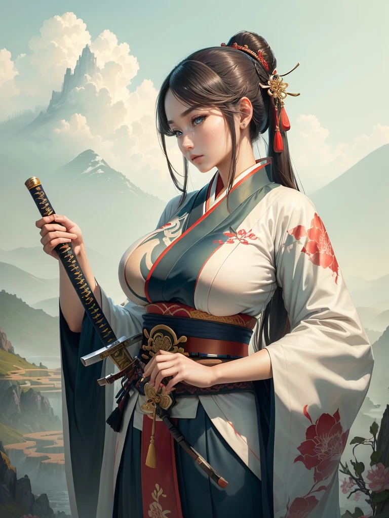 arafed image of a woman in a kimono with a sword, inspired by Li Mei-shu, she is holding a katana sword, inspired by Cao Zhibai, inspired by Ju Lian, inspired by Guan Daosheng, inspired by Wu Zuoren, inspired by Zhao Yuan, inspired by Zhao Mengfu, beautiful character painting, Highly detailed CG unit 8k wallpaper, masterpiece, High resolution, highest quality, highest quality real texture skin, Super Real, Digital Painting, Best image quality, 最High resolution, 8k, ((Highly detailed eyes and face, Beautiful eyes every detail)), profile, Saggy breasts, Gravity-dependent breasts, long chest, Heavy chest, disproportionate breasts, huge breasts, sagging breasts, gigantic breasts, erect nipple,