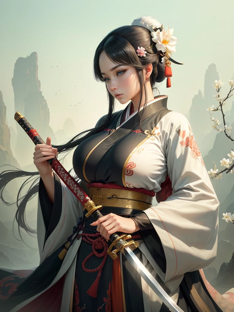 arafed image of a woman in a kimono with a sword, inspired by Li Mei-shu, she is holding a katana sword, inspired by Cao Zhibai, inspired by Ju Lian, inspired by Guan Daosheng, inspired by Wu Zuoren, inspired by Zhao Yuan, inspired by Zhao Mengfu, beautiful character painting, Highly detailed CG unit 8k wallpaper, masterpiece, High resolution, highest quality, highest quality real texture skin, Super Real, Digital Painting, Best image quality, 最High resolution, 8k, ((Highly detailed eyes and face, Beautiful eyes every detail)), profile, Saggy breasts, Gravity-dependent breasts, long chest, Heavy chest, disproportionate breasts, huge breasts, sagging breasts, gigantic breasts, erect nipple,