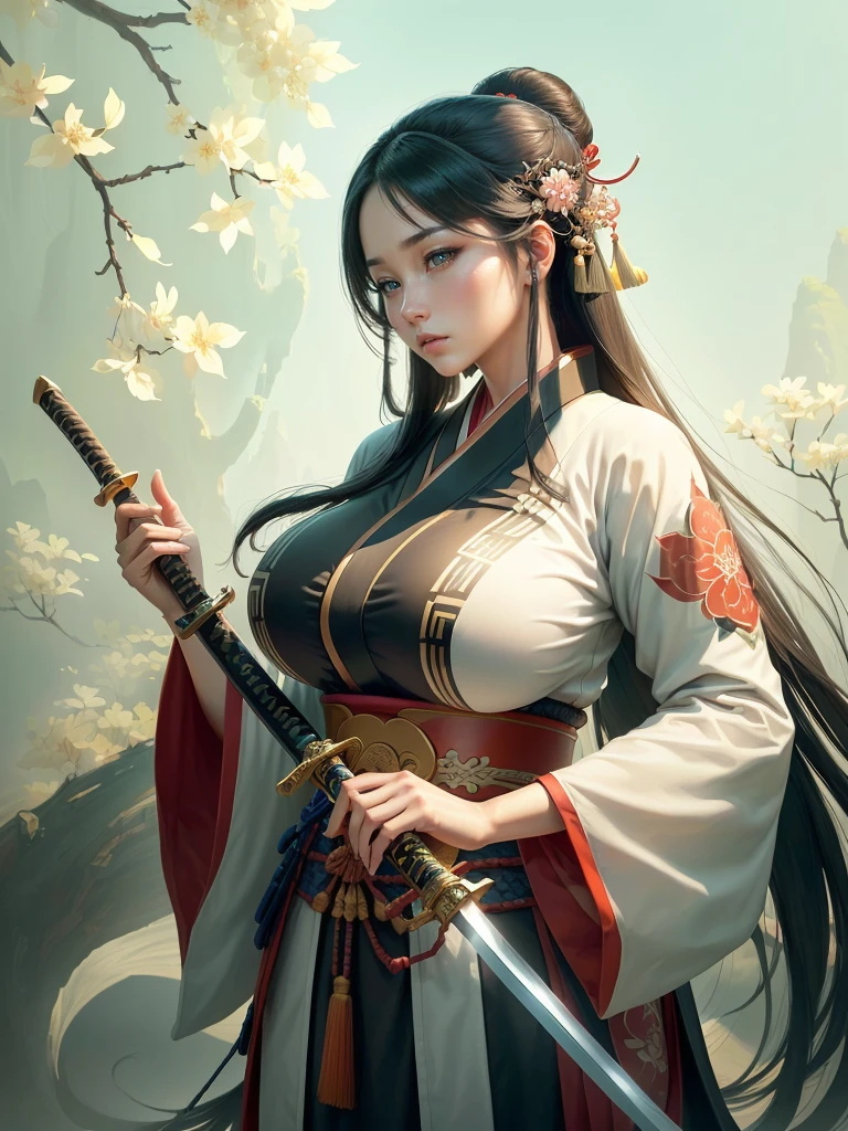 arafed image of a woman in a kimono with a sword, inspired by Li Mei-shu, she is holding a katana sword, inspired by Cao Zhibai, inspired by Ju Lian, inspired by Guan Daosheng, inspired by Wu Zuoren, inspired by Zhao Yuan, inspired by Zhao Mengfu, beautiful character painting, Highly detailed CG unit 8k wallpaper, masterpiece, High resolution, highest quality, highest quality real texture skin, Super Real, Digital Painting, Best image quality, 最High resolution, 8k, ((Highly detailed eyes and face, Beautiful eyes every detail)), profile, Saggy breasts, Gravity-dependent breasts, long chest, Heavy chest,　disproportionate breasts, huge breasts, sagging breasts, gigantic breasts, erect nipple,