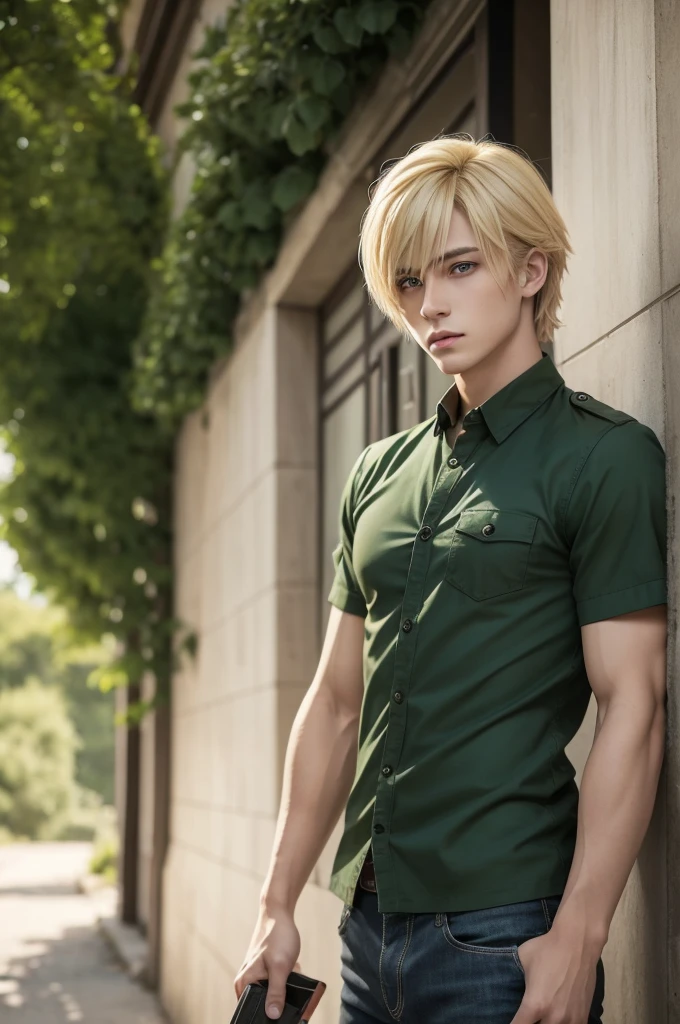 Blonde male character with medium hair and green eyes paranormal order style